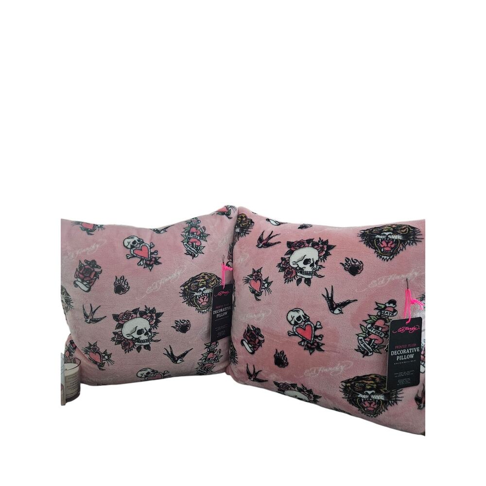 Ed Hardy Pink Plush Throw Pillows Set of 2 Skull Tiger Death Before Dishonor NWT